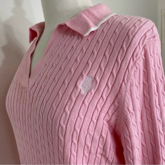 Vintage Ralph Lauren Women Light Pink Collared Cable Knit Soft Sweater XL Preppy - Picture 7 of 16